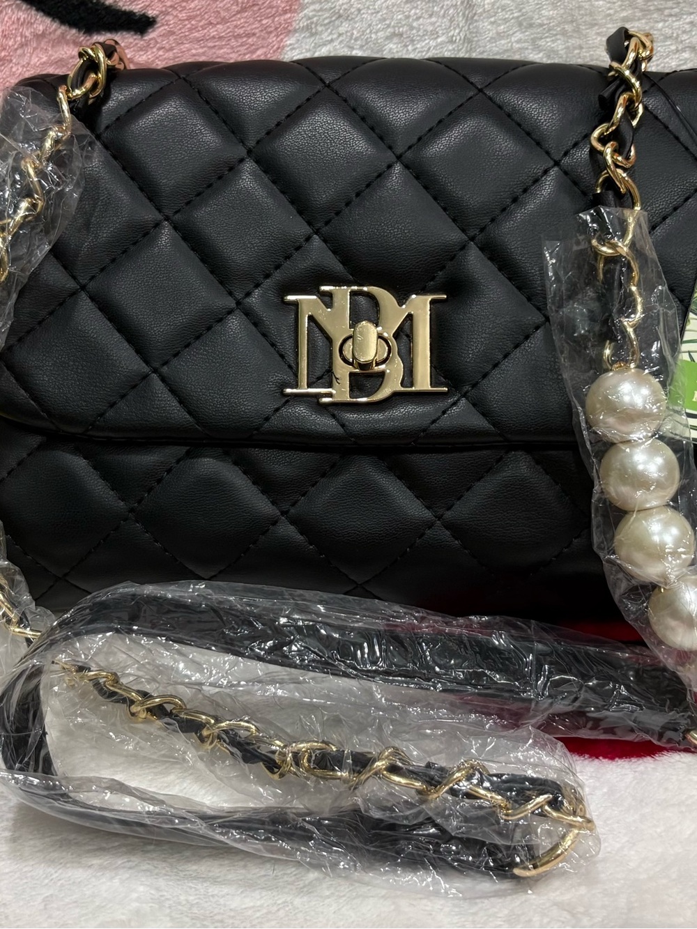Badgley Mischka Black Quilted Chain Shoulder Bag with Pearl Accent